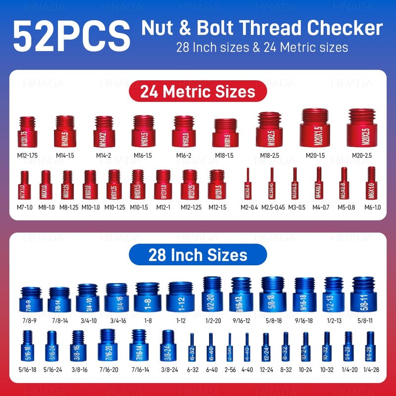HiNADA 52PCS Nut and Bolt Thread Checker, 28 Inch & 24 Metric Box Set Thread Gauge, Thread Checker Kit in Standard and Metric Suitable for Nut Bolt Size Finder on Tricky and Narrow Area - Image 2